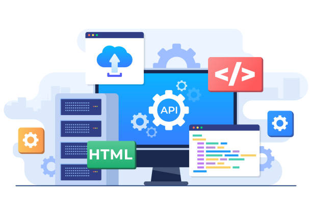 application programming interface concept, api provides the interface for communication between applications, software development tool, internet and networking, simplifying application integration - 系統(tǒng)軟件 幅插畫檔、美工圖案、卡通及圖標(biāo)